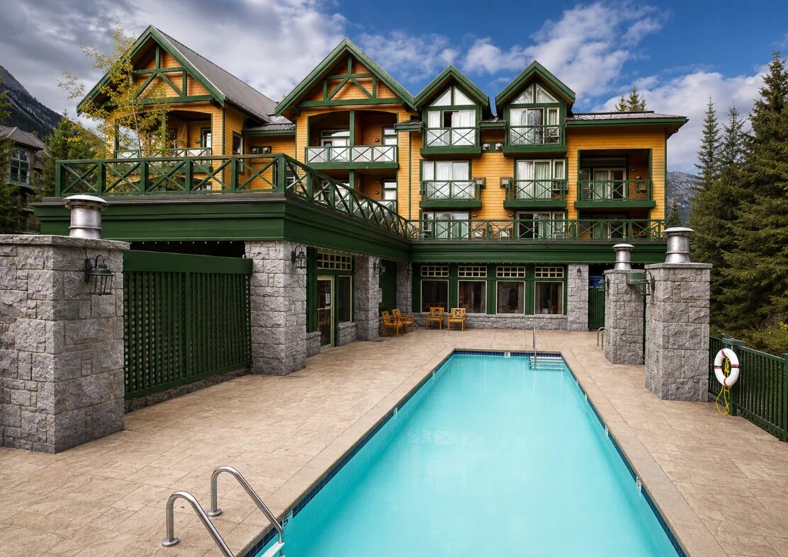 Steaming outdoor pool and hot tub at Pinnacle Hotel Whistler Village