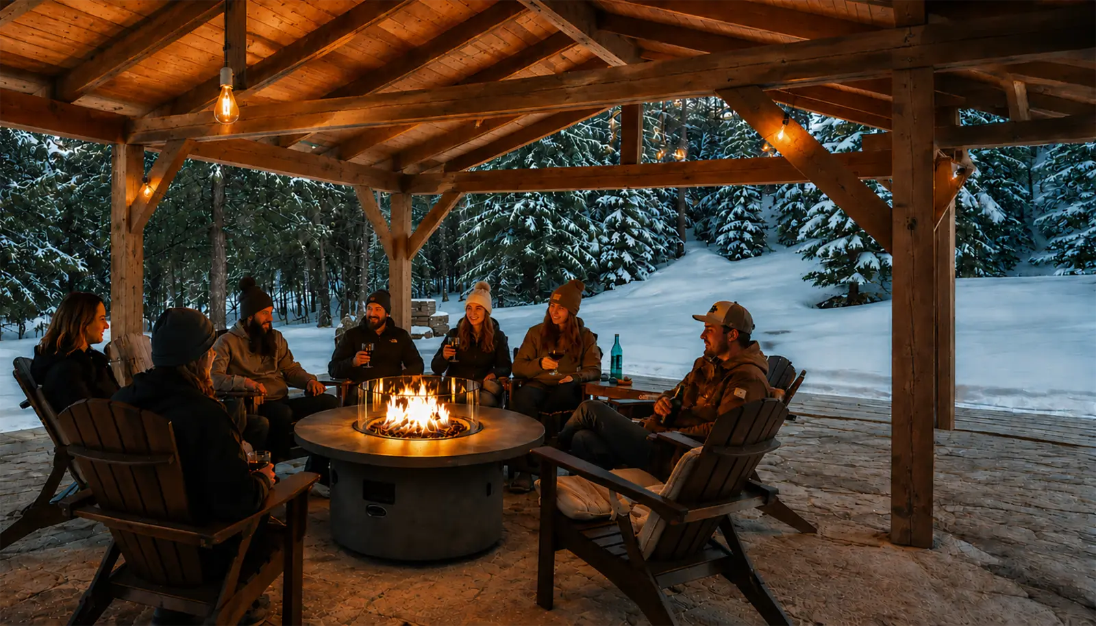 A group of friends gathered around a fire pit under a timber pavilion on a snowy Whistler evening