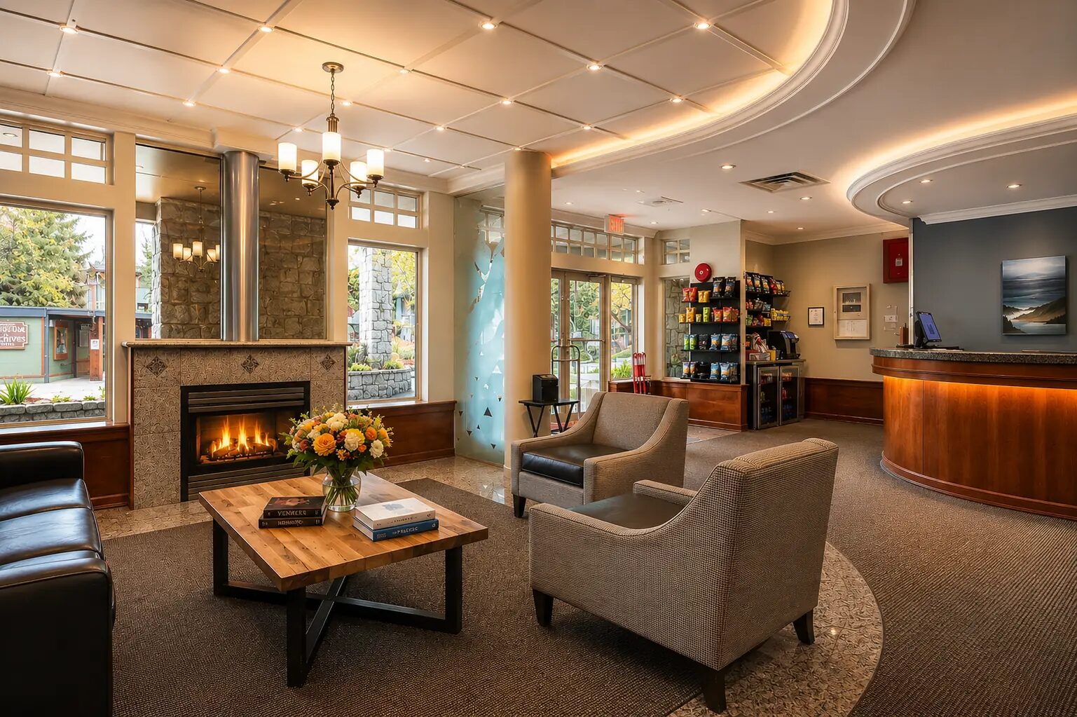 Warm, contemporary lobby at Pinnacle Hotel Whistler Village with mountain-modern furnishings